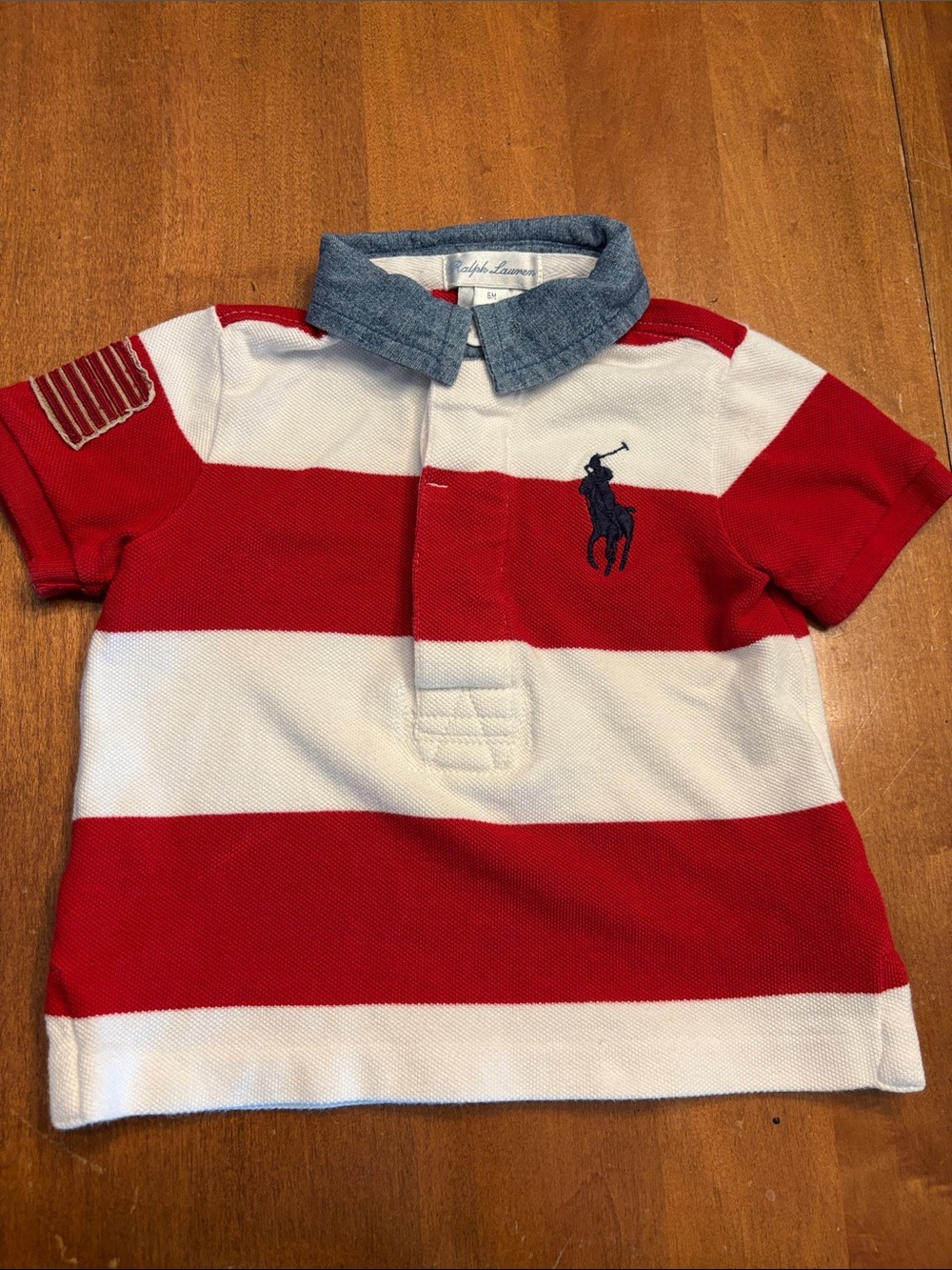 Ralph Lauren Red, White & Chambray Collar Striped Polo